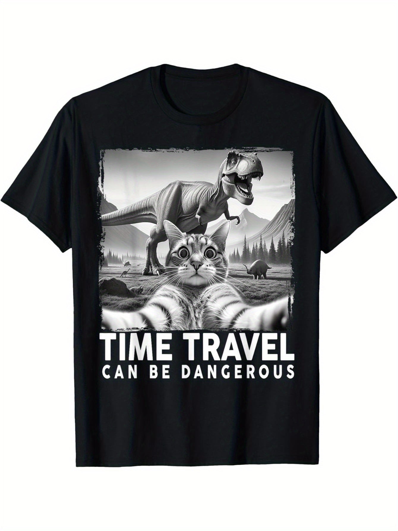 Cat and dinosaur selfie, funny cat gift T-shirt for cat dad and cat mom