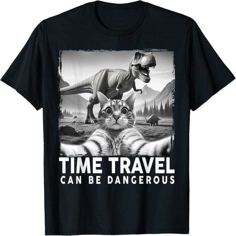 Cat and dinosaur selfie, funny cat gift T-shirt for cat dad and cat mom